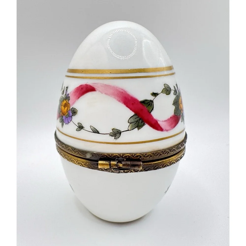 Meissen Style Egg Trinket Box Floral Porcelain Hinged Brass Mount 3